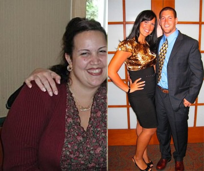(Left) Gina's "ah-ha" picture. The catalyst for her 100-pound weight loss. (Right) Almost at her ideal weight, Gina poses with fiance Reid.