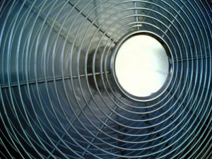 A fan cools by allowing sweat to evaporate on your skin.
