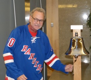 Bob rings the bell at the cancer treatment facility. It signals his final treatment.
